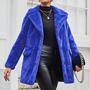 Luxe Blue Vegan Fur Button Oversized Jacket Coat S M L